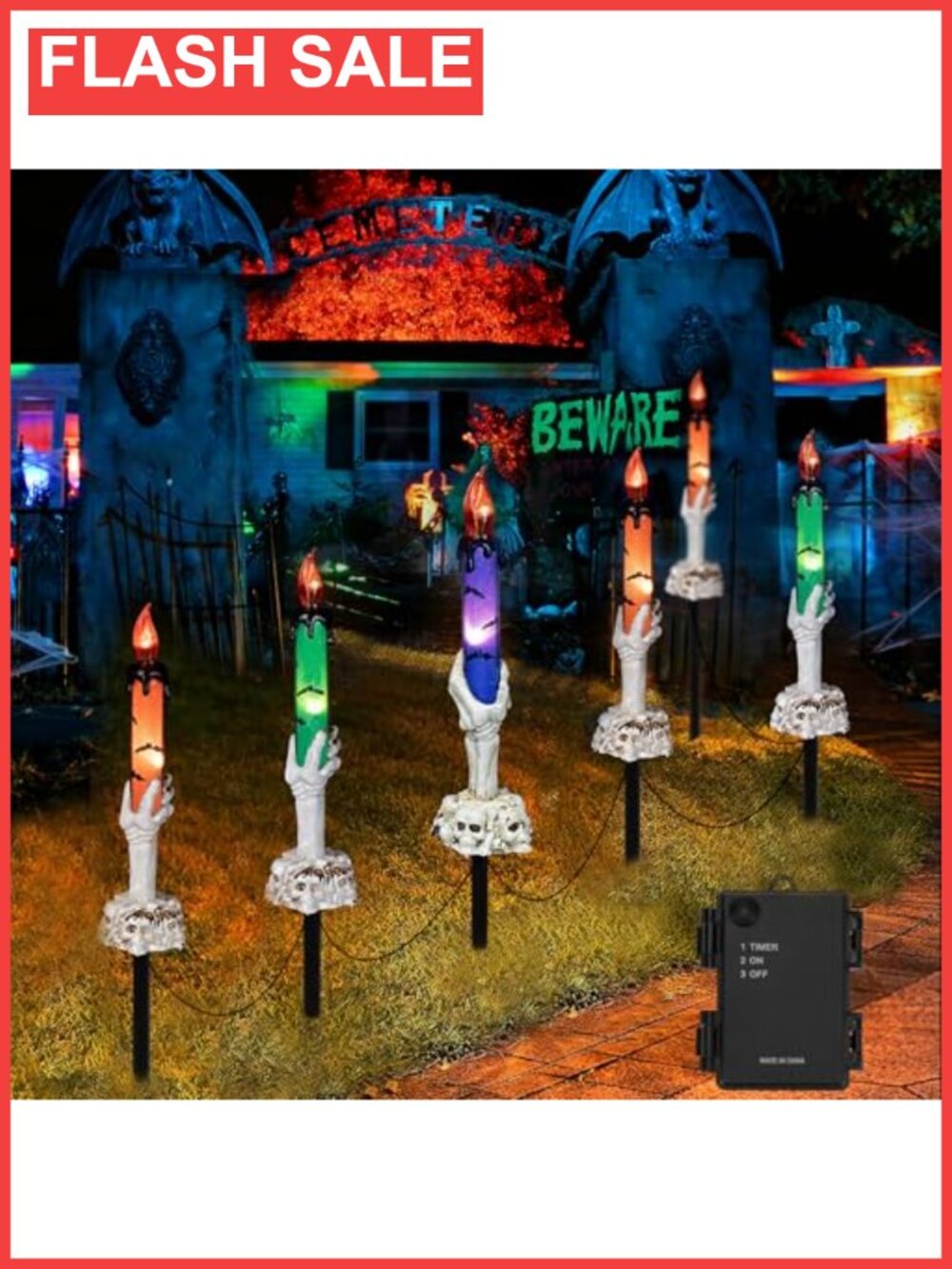 6 Pack LED Skeleton Hand Candle Stake Lights Outdoor Halloween Yard Decor Timer